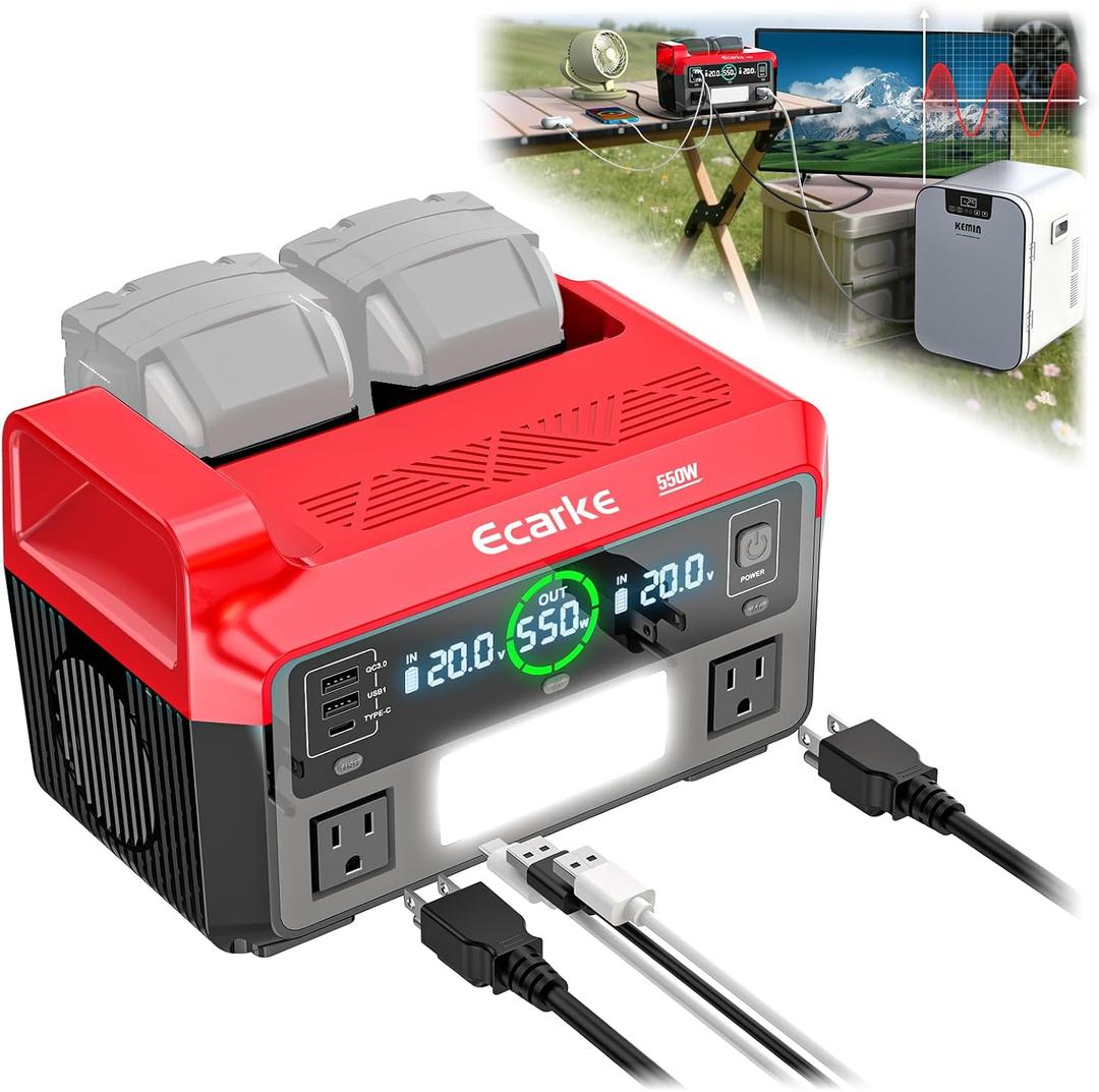 Ecarke 550W Portable Power Inverter Compatible with DeWALT 20V Battery, DC 18V to AC 110V Pure Sine Wave Power Station 2 AC Outlets, 2 USB-A&1 USB-C 20W, 600LM LED Outdoor Emergency Use (No Battery) (Red)