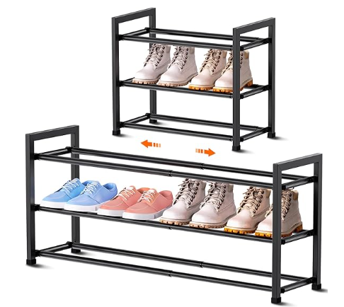 3-Tier Expandable Shoe Rack for Closet 18"-33" Adjustable Shoe Rack for Small Space, Small Shoe Organizer for Front Door, Sturdy Metal, Black