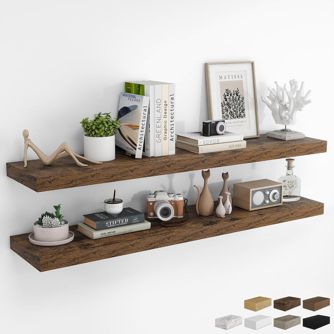 RICHFOCUS 55Inch Floating Shelves for Wall 2 Pack Shelves for Bedroom|Kitchen|Bathroom Wall Mounted Rustic Wood Floating Shelf with Invisible Brackets for Books|Storage|Decor, Rustic Brown