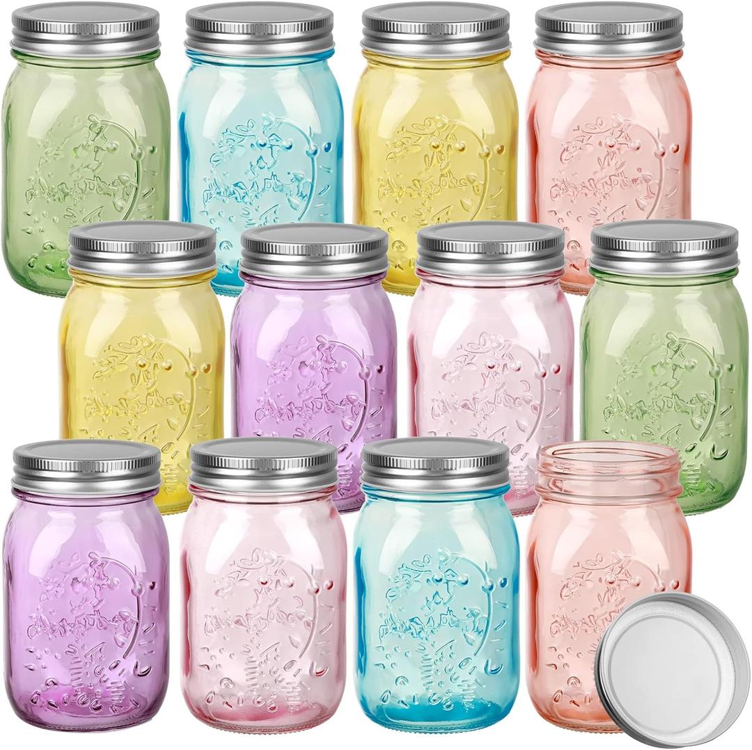 Pinkunn 12 Pcs 16 oz Colored Mason Jars with Lids Bulk, Vintage Color Glass Mason Jars for Storage Airtight Regular Mouth Glass Container for Fermenting Jelly DIY Crafts(Colorful)