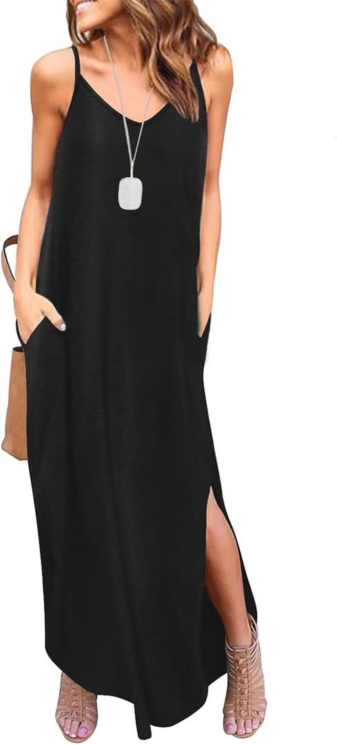 HUSKARY Women's Summer Casual Sleeveless V Neck Strappy Split Loose Dress Beach Cover Up Long Cami Maxi Dresses with Pocket (Black, Small)
