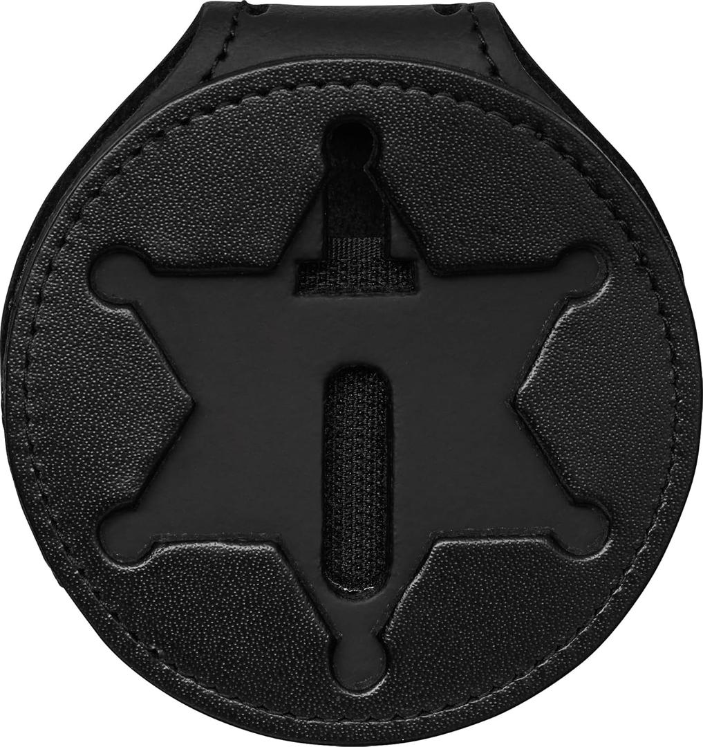 Perfect Fit Sheriff Star Badge Holder Belt Badge Clip and Neck Chain Black Leather (Cutout 199)