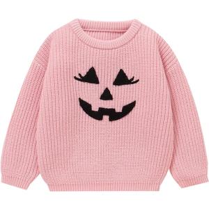 Toddler Girl/Boy Halloween Sweater Pumpkin Smile Embroidery Sweater Knitted Pullover Fall Winter Clothes (Pink)