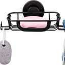 TAILI Soap Holder Dish Suction Cup with Hooks, Soap Saver Tray for Shower Wall, Bathroom, Tub, Rustproof Stainless Steel Sponge Holder for Kitchen, Drill-Free, Bathroom Shower Accessories(Black) (5.6" * 4.6")