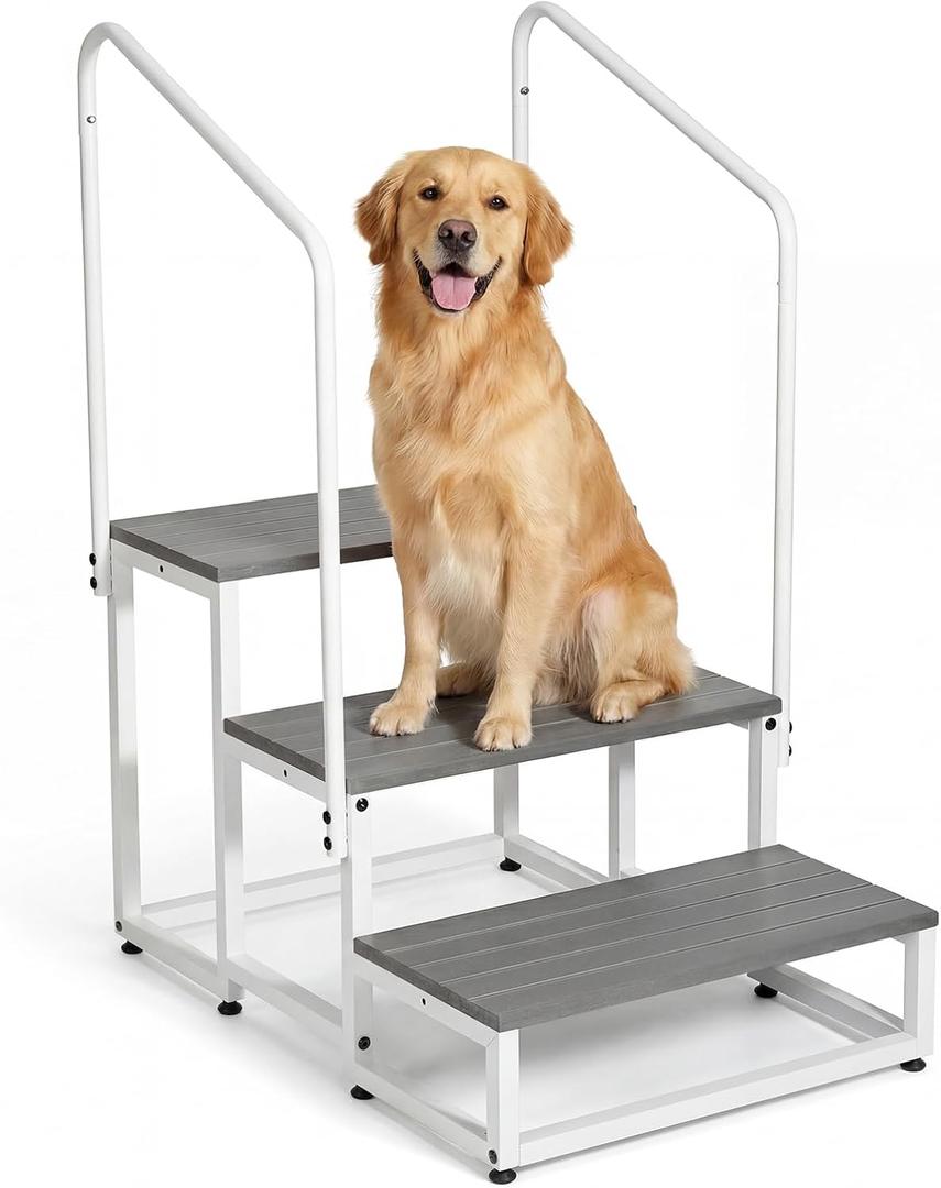 Veehoo RV Steps with Handrail for Dog Outdoor, 3 Steps Dog Hot Tub Step with Handrail for 5th Wheel RVs Camper Trailers, Non Slip Large Dogs Mobile Home Stairs Waterproof for Car Truck, up to 300 lbs