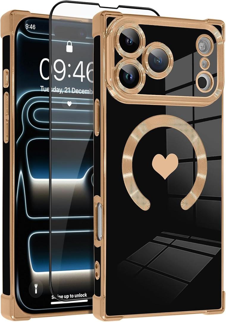 OOK Magnetic Case for iPhone 17 Pro Max 6.9 Inch [Wireless Charging Compatible] Soft TPU Heart Design Phone Cover with Screen Protector Shockproof Protection Slim Case for Women - Black (Black (NO Strap))