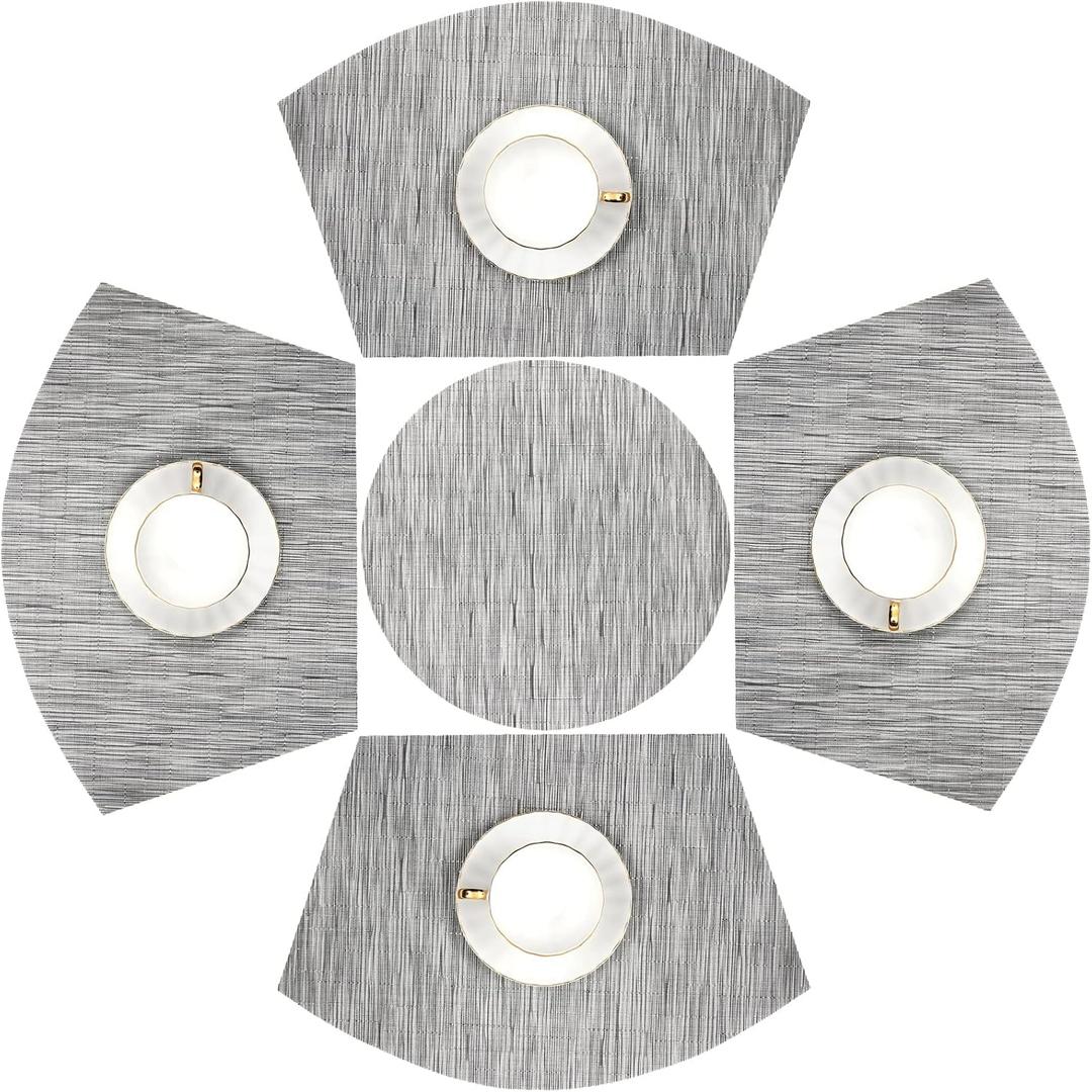 SHACOS Round Table Placemats Set of 5 Woven Vinyl Wedge Placemats with Centerpiece Round Table Mats Heat Resistant Wipe Clean (5, Silver Grey)