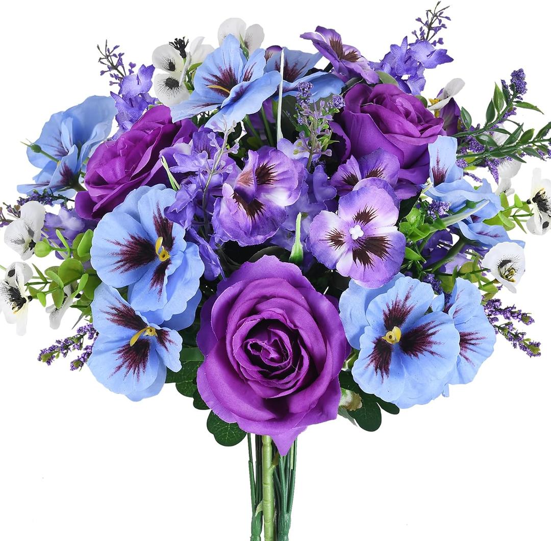 Spring Flowers Artificial for Decoration Purple and Blue Flowers with Stems Silk Roses Bouquet with Pansy Fake Flower Arrangement for Home Table Kitchen Wedding Party Decoration (12.89")