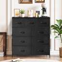 9-Drawer Dresser for Bedroom, Anti-Tip Tall Storage Organizer Chest of Drawers with Wooden Top and Metal Frame Fabric Bins for Closet, Living Room, Hallway, Entryway, Black