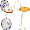 Teenyyou 4 Pcs Tea Cup Display Stand Gold Metal Saucer Racks Tea Cup Holder China Display Stand Picture Frames Book Card Mug Organizer Bowl Decorative for Kitchen Table Plate Art