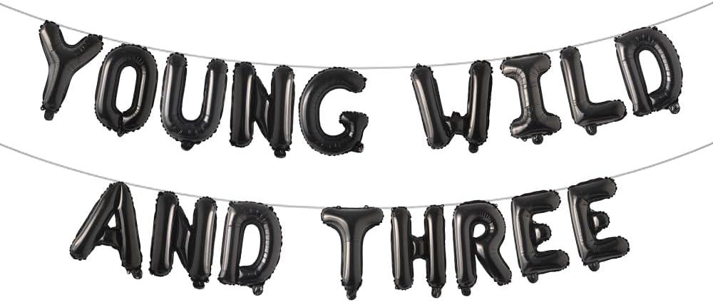 Young Wild and Three Balloon Banner Decorations for Boy & Girl's 3rd Birthday - Black