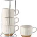 HASENSE 15oz Coffee Mug Set of 4 - Stackable Ceramic Mugs with Holder - White & Light Brown Coffe Cups Set for Cappuccino, Tea, Hot Cocoa, Drinks - Wedding & Housewarming Gifts, Everyday Use