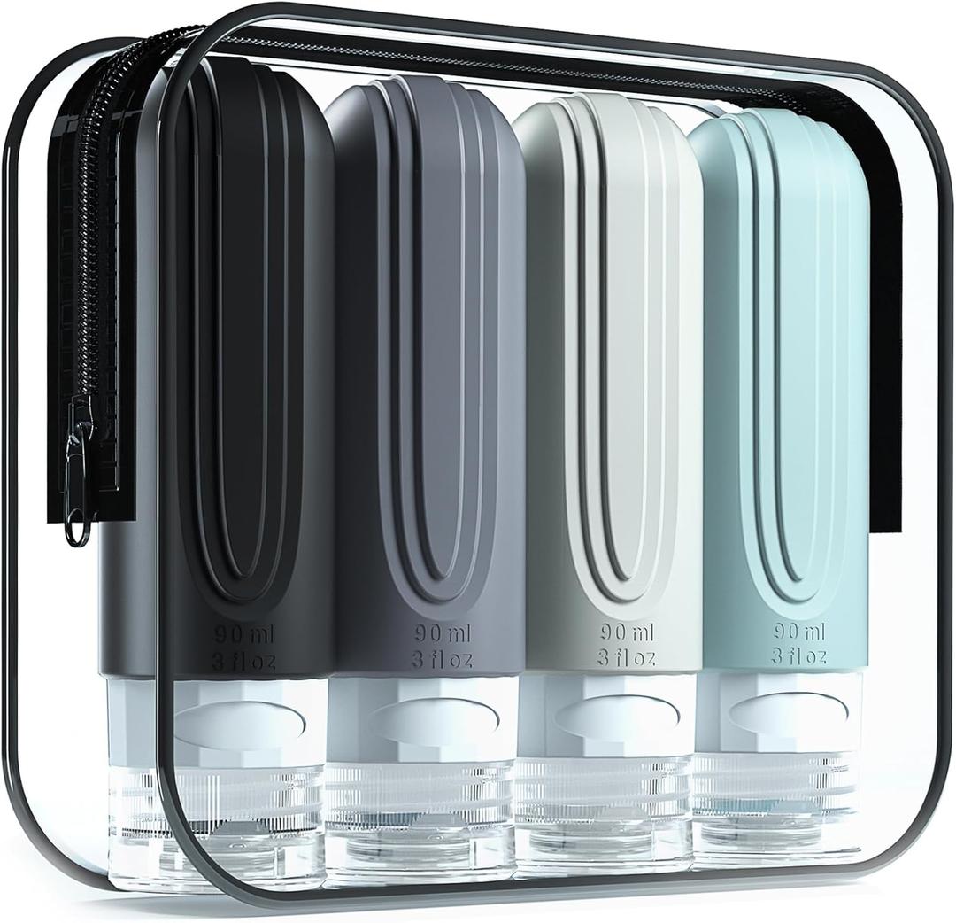 Travel Bottles for Toiletries, Tsa Approved 3oz Travel Size Containers BPA Free Leak Proof Refillable Liquid Silicone Squeezable Travel Accessories for Shampoo Conditioner Lotion (4 Pack) (Grey)