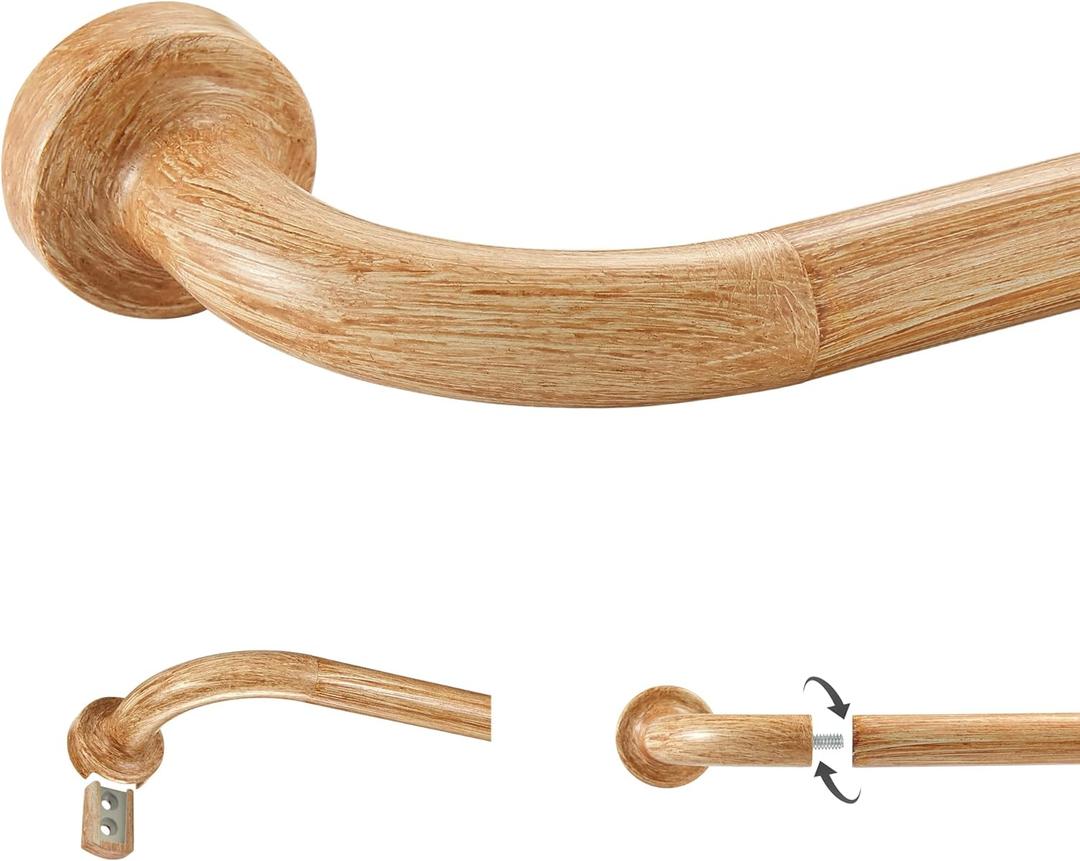 Light Wood Grain Disc Curtain Rods, 28-48 Inches Window Curtain Rod,Adjustable Room Darkening Drapery Rod with Aluminum Finials and Brackets,Wrap Around Design