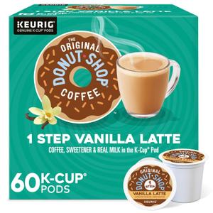 The Original Donut Shop Vanilla One-Step Latte, Single Serve Coffee K-Cup Pod, Flavored Coffee, 60 Count (6 Packs of 10)