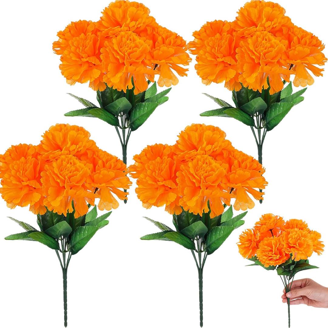 Zeyune 4 Pcs Artificial Marigold Flowers Bunch Day of The Dead Fake Marigold Bulk Silk Bushes Dia de Muertos for Day of The Dead Decoration Fake Orange Halloween Flowers for Party Wedding (Orange)