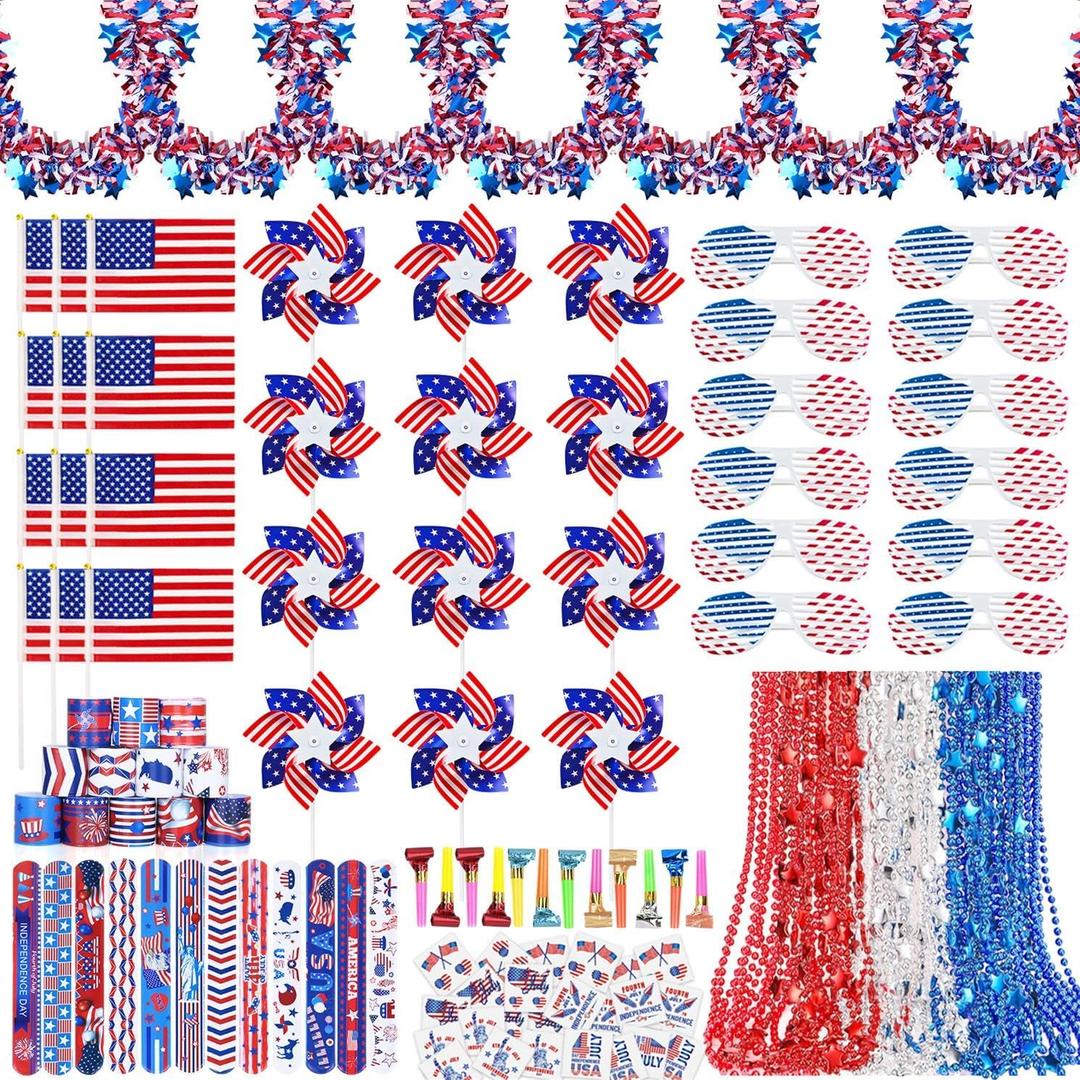 MOVINPE 150pcs 4th of July Accessories Patriotic Party Favors, Tinsel Garland Shutter Glasses Pinwheels Beaded Necklaces Flags Slap Bracelets Musical Blow Outs Tattoos Parades Giveaways (Multicolors) MOVINPE 150pcs 4th of July Accessories Patriotic Party Favors, Tinsel Garland Shutter Glasses Pinwheels Beaded Necklaces Flags Slap Bracelets Musical Blow Outs Tattoos Parades Giveaways (Multicolors)