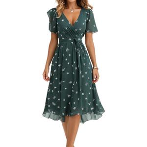 Summer Dresses for Women 2026 Floral Chiffon Dress Casual Short Sleeve Empire Waist Midi Dress Beach Vacation Outfits (M)