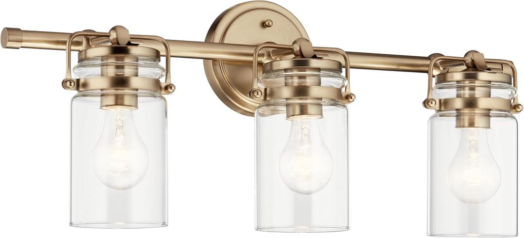 4 x Kichler Brinley 24" 3-Light Bathroom Vanity Light Fixture with Clear Glass in Champagne Bronze, Modern Farmhouse Mason Jar Style for Mirror Lighting (24" W x 10.25" H), 45689CPZ