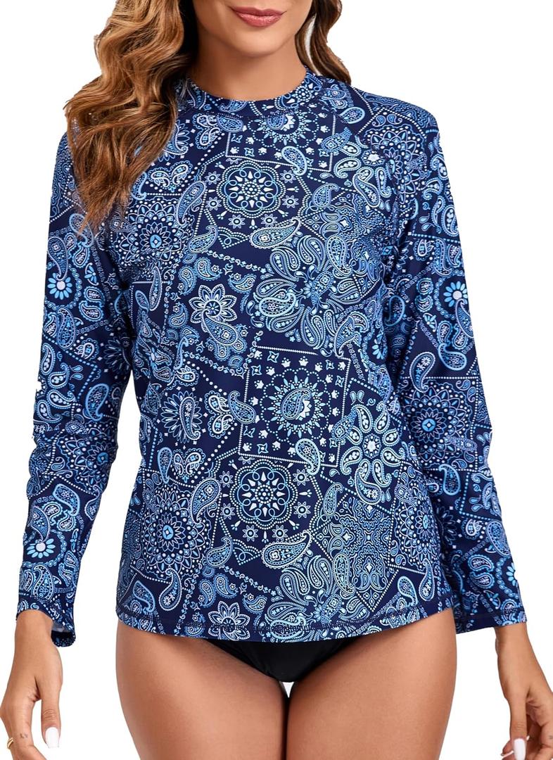 Halcurt Women's Long Sleeve Rash Guard Swim Top UPF50+ SPF Sun Protection Swimsuit Quick Dry Bathing Suit (Large, Navy Paisley)