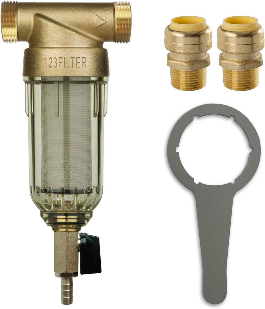 iSpring WSP-50 Reusable Whole House Spin Down Sediment Water Filter 50 Micron, 1" MNPT + 3/4" FNPT w/Push to Connect Fittings