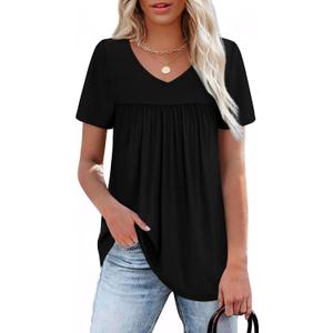 Black Shirts for Women Short Sleeve Summer Tops Trendy 2025 V Neck Tshirts Blouses Dressy Casual Tunic Maternity Shirts Black L