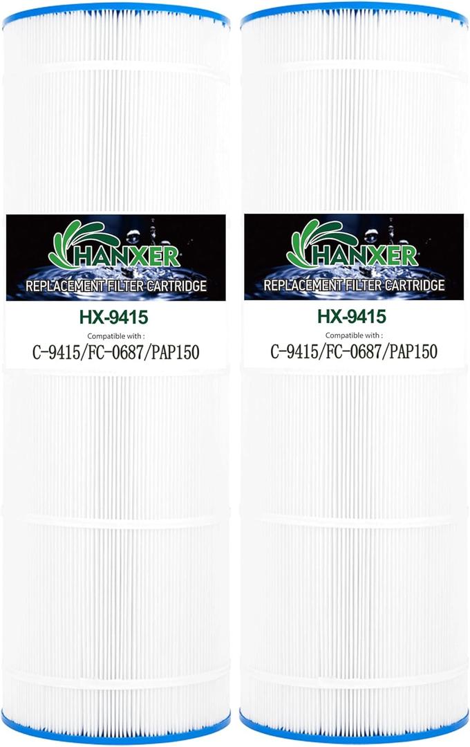 HANXER PLF150A Pool Filter Replaces for C-9415, Filbur FC-0687, CC150, CCRP150, PAP150, R173216, 160317, 160355, 160352, XLS-908, 10150, 150 Sq.Ft Swimming Pool Filter Cartridge, 2 Pack