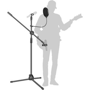 Adjustable Heavy Duty Portable Tripod Mic Stand with 2 Clips and Pop Filter for Singing, Performance & Outdoor Activities