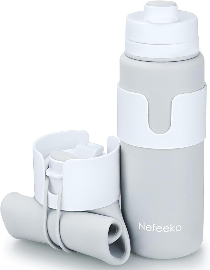 Nefeeko Collapsible Water Bottle, BPA Free 26oz Foldable Water Bottle for Travel Sports, Leak-Proof Spill-Proof Portable Water Bottles with Carabiner, Lightweight (Gray)