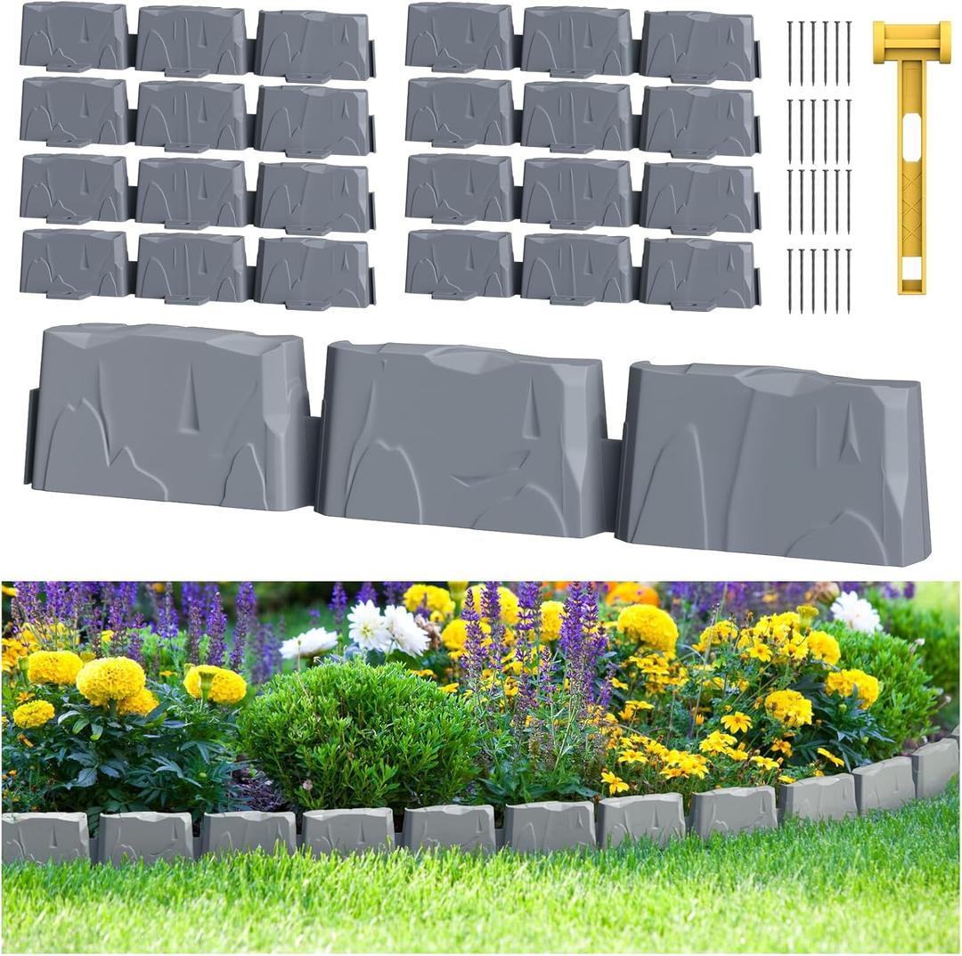 8Pcs Landscape Edging with 24 Pieces 8-Inch Spikes | for Flower Beds, Tree Rings, Pathways | Garden Edging Border Stone 12ft Long, 3-Inch Tall,Faux Stone Edging for Landscaping (Dark Grey)