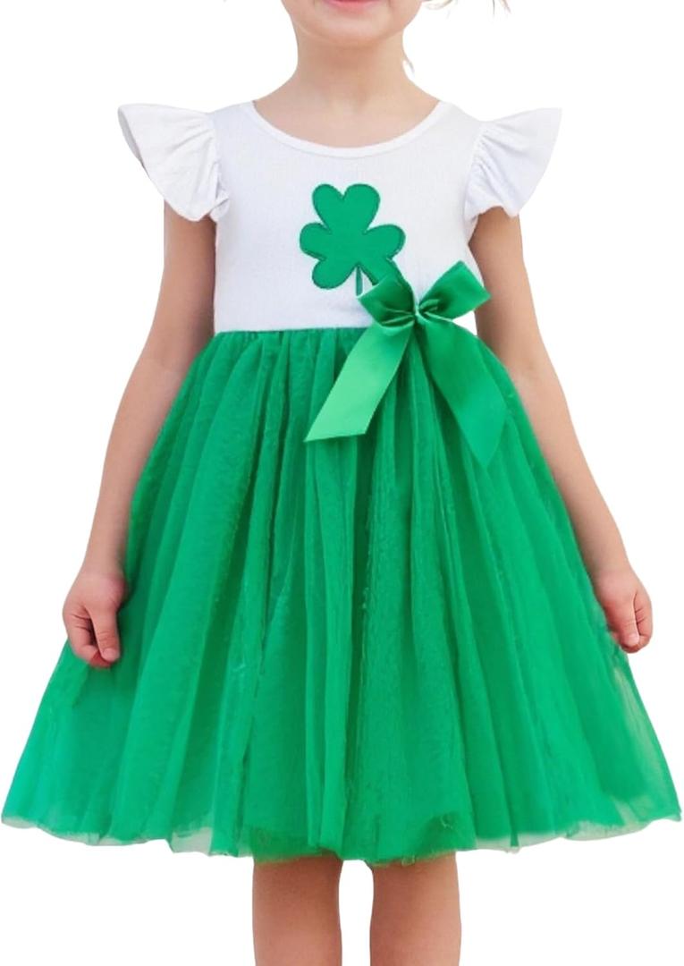 Girls Casual Tulle Tutu Dress Baby Toddler Ruffle Sleeves Bow Princess Party Dresses (Size 100, Green Clover)