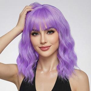 Pastel Purple Wavy Bob Wig for Women, Short Shoulder Length Synthetic Wig with Bangs, Natural Looking Lightweight Hairpiece for Daily Wear & Cosplay Costume Party