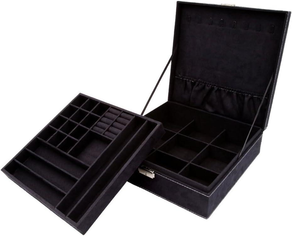 Two-Layer Jewelry Box Organizer Display Storage case with Lock (Black)