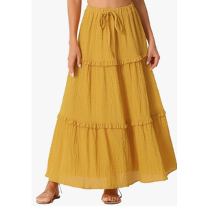 Women's Maxi Skirt Summer Boho Flowy Ruffle Swing Skirts A-Line Beach Tiered Long Skirt, Size L, Yellow