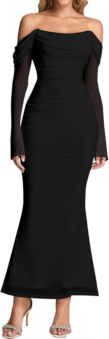 KUTUMAI Off Shoulder Long Sleeve Maxi Dress Corset Bodycon Ruched Cocktail Formal Wedding Guest Dresses for Women Fall (Small, Black)