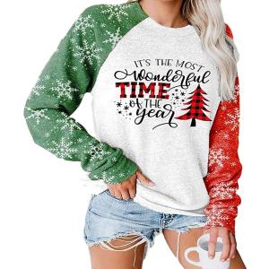 TAOHONG Merry Christmas Sweartshirt for Women Xmas Buffalo Plaid Tree Tops Color Block Snowflake Print Long Sleeve Shirt (XL)