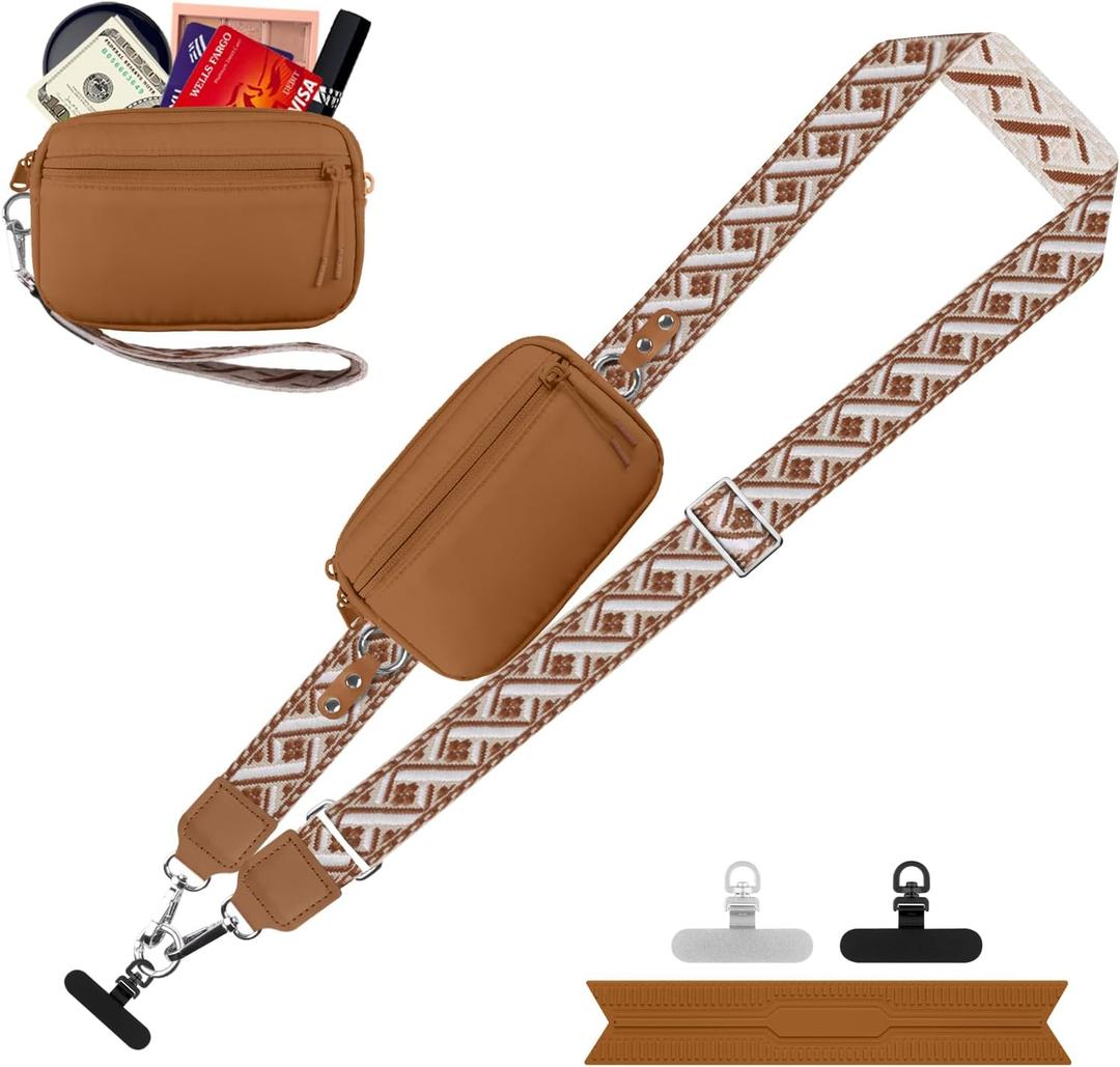 Clip and Go Strap for Phone with Wallet Crossbody, Adjustable Phone Lanyard with Detachable RFID Wristlet Wallet, Pattern Strap, Bronze(M)
