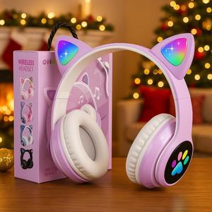KERHAND Bluetooth Noise Cancelling Headphones for Kids,Foldable Cat Headphone with LED Light Up Ear,Cat Ear Headphones for Toddler with Microphone/TF Card,Kids Bluetooth Headphones for ipad (Purple)