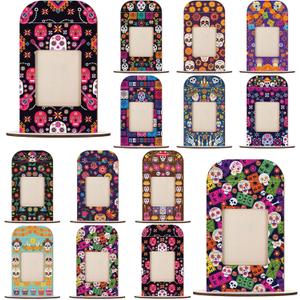 Qunclay 12 Set Dia De Los Muertos Altar Day of the Dead Decorations,Wooden Frames Picture Dia De Los Muertos Altar Kit Ofrenda Picture Frame Tabletop Halloween Diwali Decoration (3.9 x 3.1 Inches)