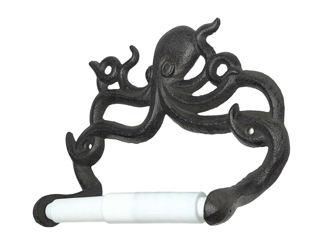 Octopus Toilet Paper Roll Holder – Cast Iron Decorative Wall Mount – Distressed Nautical Finish with Mounting Hardware (Marine Dark Brown)