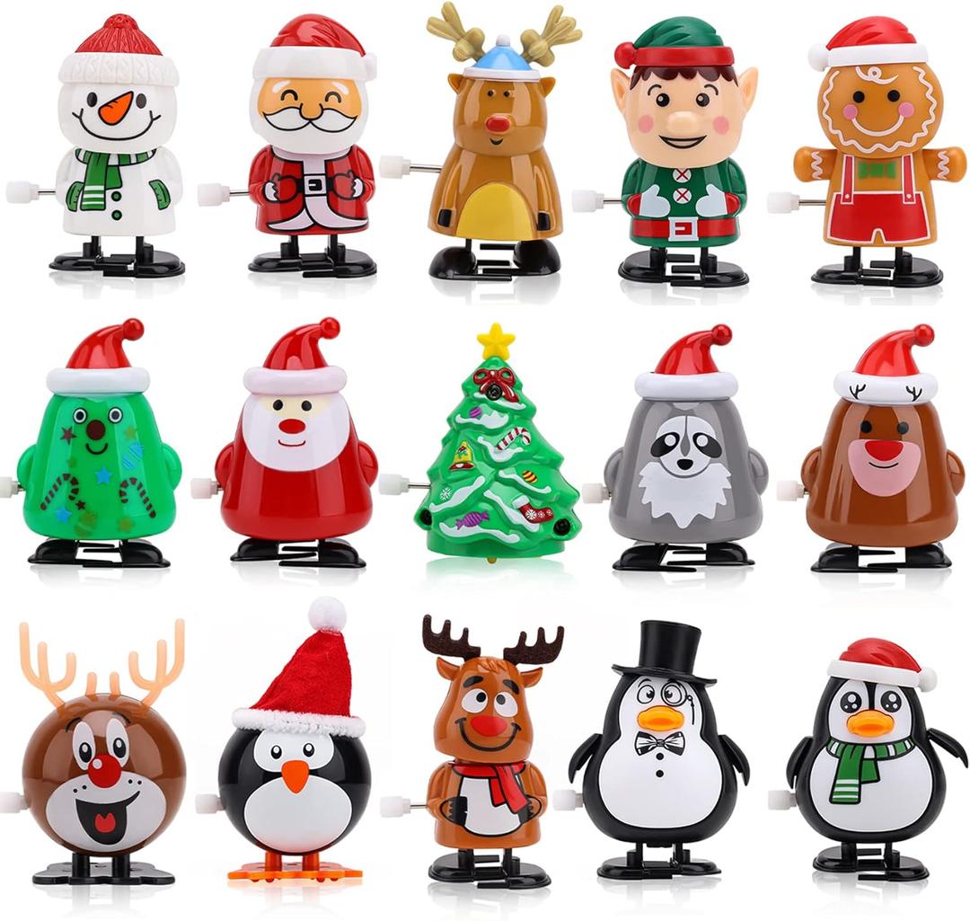 15pcs Christmas Wind Up Toys for Kids, Christmas Stocking Stuffers, Xmas Tree Santa Claus Clockwork Chain Toy, Classroom Prizes Birthday Gifts Kid Christmas Party Favors Goody Bag Fillers