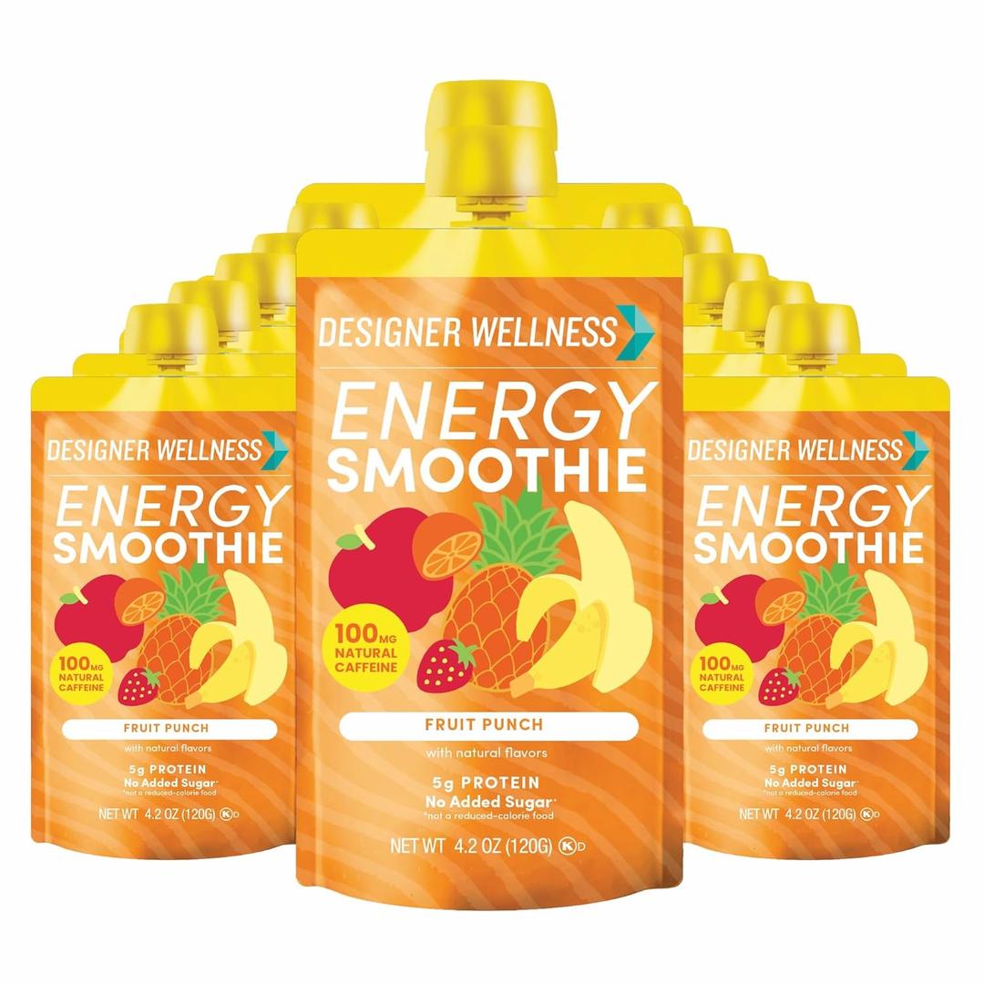 Designer Wellness Energy Smoothie, Real Fruit, 100mg Natural Caffeine, 5g Protein, Low Carb, Zero Added Sugar, Gluten-Free, Fruit Punch, 12 Count