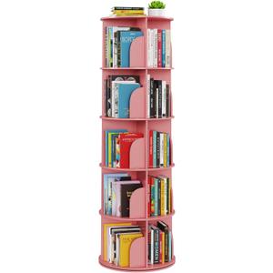 SpaceAid 5 Tier Rotating Bookshelf Tower, Spinning Bookcase Lazy Susan, Revolving 360 Book Shelf Storage Round Carousel, Vertical Rotate Turning Spiral Corner Organizer, Pink