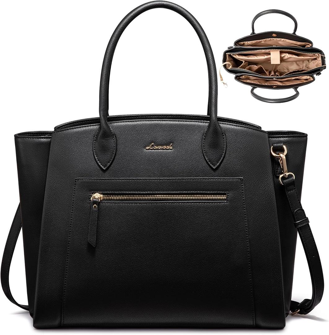 LOVEVOOK Laptop Tote Bag for Women, 17.3 Inch Large Capacity Work Bags Briefcase Purse with Multiple Pockets & Large Bottle Holder, Vegan Leather Business Office Computer Bag for Teacher, Black