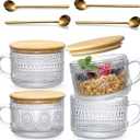 Glass Coffee Mugs with Bamboo Lids and Spoons Set of 4 Clear Embossed Glass Cups for Coffee, Tea, Overnight Oats, Dessert 12oz Aesthetic Kitchen Cups
