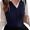 Milumia Women's Cable Knit V Neck Sweater Vest Sleeveless Ribbed Crop Tank Top (Medium, Deep Blue)