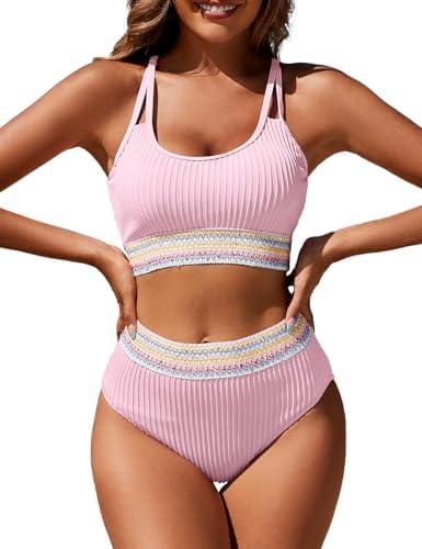 Zuvebamyo Women's High Waisted Ribbed Bikini Set Two Piece Crop Top High Cut Swimsuit Criss Cross Back Bathing Suit M