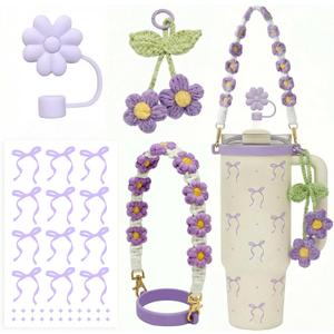 Stanley Water Bottle Accessories Set for 40/30/20oz Tumbler, Including Flower Pruple Stanley Cup Handle Strap, Silicone Straw Topper Cover, Charm, Bow Sticker, Gifts for Girls Mom (Lilac)