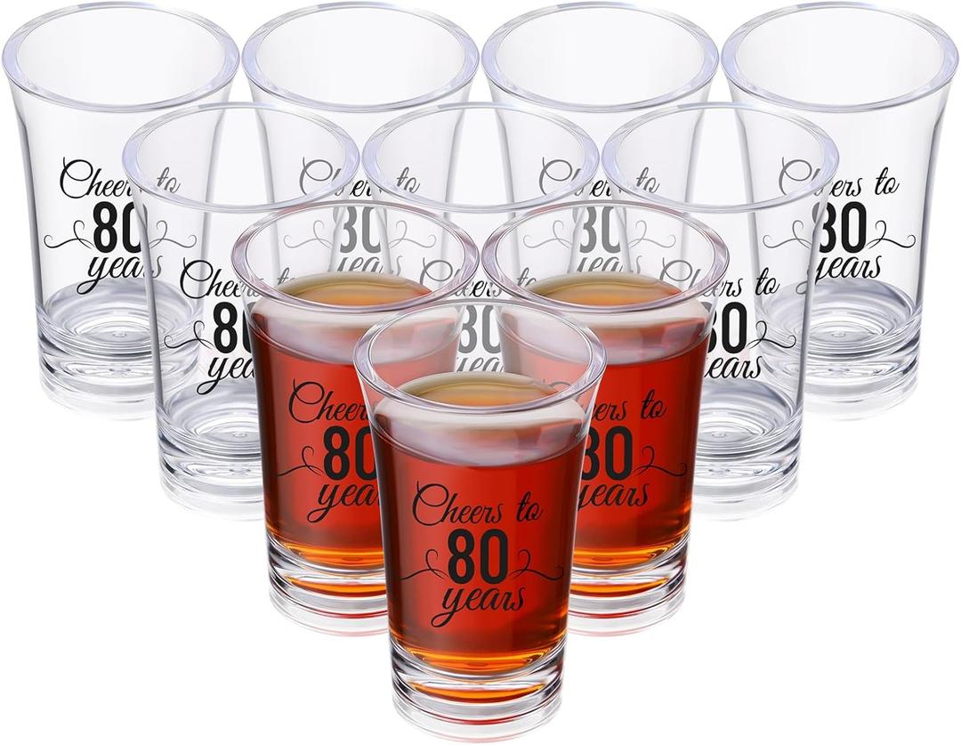 Sliner 48 Pack Birthday Shot Glasses Bulk 1.4oz Cheers to 30/40/50/60/70/80 Years Shot Glass Unbreakable Thick Base Mini Clear Plastic Wine Glass Anniversary Favors for Guests(Black,80 Years)