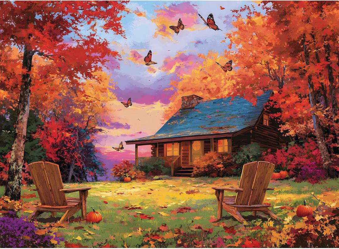 500 Piece Puzzles for Adults, Cozy Autumn Cabin Jigsaw Puzzle with Colorful Leaves, Pumpkins in Fall 500 Piece Puzzle, Wall Decor, Perfect for Gift for Adults, Seniors, 20.5 x 15 in